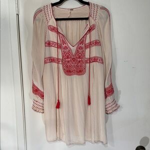 Free People Embroidered Red and Cream Women's Top/Dress Smocked Details Size XS